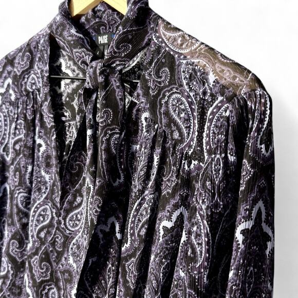 Paige Cleobelle Blouse Black‎ Purple Paisley Silk Tie Neck L Moody Romantic Goth - Picture 5 of 10